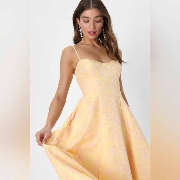 Lulus Meet for Tea Yellow Jacquard Bustier Midi Dress With Pockets XL Wedding - Picture 4 of 12